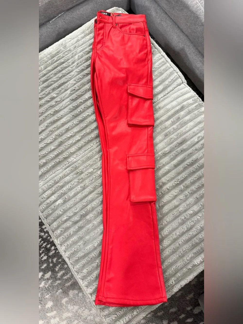 VALABASAS Red Faux Leather Cargo Flare Pants